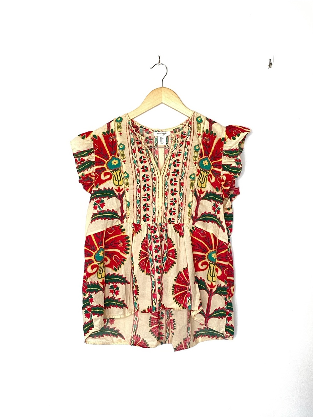 Haute Hippie Boho Peasant Embroidered Flutter Sleeve Top 100% Cotton New